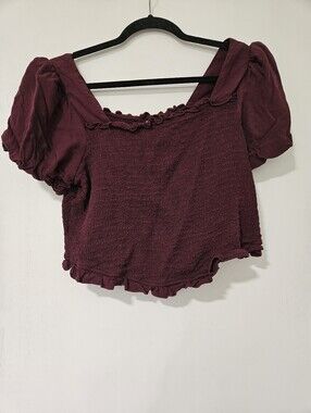 Torrid Burgundy Smocked Puff Sleeve Top Size 2 Plus High Low Crop Boho
